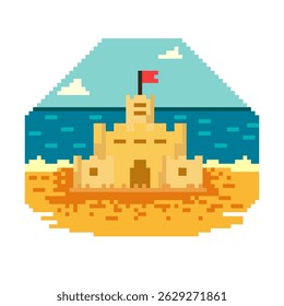 Pixel art. Sand house on the blue sea shore. Summer vacation. Postcard. Screensaver. Vector illustration.