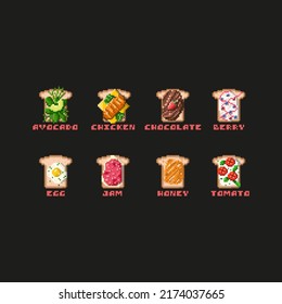 Pixel Art Sandwich Icons. Avocado, chicken, berries. Healthy food. Bread with jam. Element design for mobile app and sticker. Game assets.