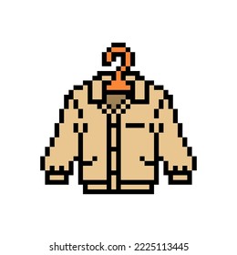 Pixel art sandy beige jacket on a hanger isolated on white background. Clothes icon. Old school retro vintage 90s, 80s 8 bit slot machine, 2d video game graphics