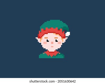 Pixel art Santa Boy Elf. Vector 8 bit style retro illustration of Santa helper  Isolated winter avatar.
