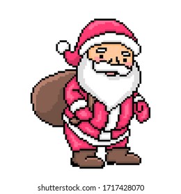 Pixel art Santa Claus with a bag of gifts isolated on white background. 8 bit Christmas character. Winter holiday clipart. Old school vintage retro 80s, 90s slot machine/video game graphics.