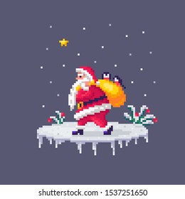 Pixel art Santa Claus carries a bag of gifts on his back. Cute greeting illustration for the holidays.