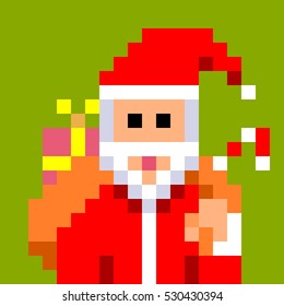 pixel art Santa Claus carrying a big bag full of presents for Christmas