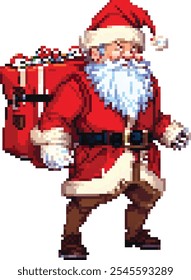 Pixel art Santa Claus character in red suit and with bag of gifts