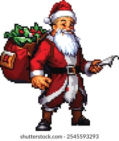 Pixel art Santa Claus character in red suit, with bag of gifts and list in hand