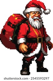 Pixel art Santa Claus character in red suit and with bag of gifts