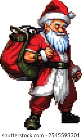 Pixel art Santa Claus character in red suit and with bag of gifts