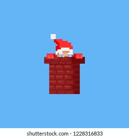 Pixel art santa claus climbing up from chimney