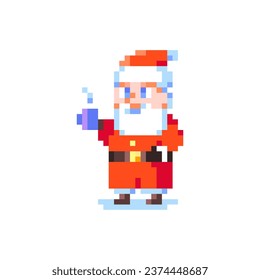 Pixel Art Santa Claus with Cup of Hot Chocolate. Retro 8 bit Style Merry Christmas and Happy New Year Winter Holidays Illustration. Ideal for Sticker, Retro Decorative Element, Game Asset, Emoji.