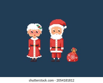 Pixel art Santa Claus Family illustrations. 8 bit style greeting card with Santa Claus and Mrs Claus. Retro isolated pixelated gamer style Santa background for Christmas decorations. Vector.