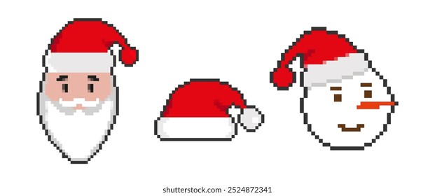 Pixel art Santa Claus hat and snowman icon set in y2k style. Game Christmas or New Year bit attributes. Vector illustration on white background