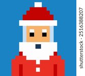 Pixel art of Santa Claus on a vibrant blue background
