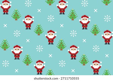 Pixel Art Santa Claus With Pine Trees And Snowflake Seamless Christmas Pattern Background Vector Illustration