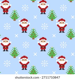 Pixel Art Santa Claus With Pine Tree And Snowflake Seamless Christmas Pattern Vector Illustration