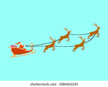 Pixel art Santa Claus in a sleigh with reindeer. Retro 8-bit 80s style Santa Claus graphics. Festive design for greeting cards, posters and banners. Vector illustration