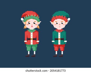 Pixel art Santa Elves set illustrations. 8 bit style male and female character elf. Retro isolated pixelated gamer style Santa helpers for Christmas decorations. Vector elf cross stitch.