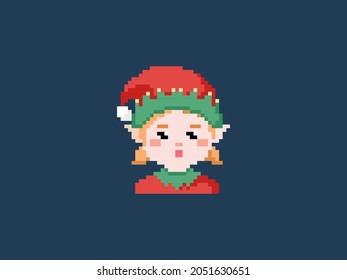 Pixel art Santa Girl Elf. Vector 8 bit style retro illustration of Santa helper  Isolated winter avatar.
