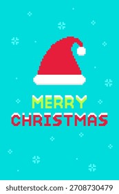 Pixel Art Santa Hat with Merry Christmas Snow Background Vector Illustration