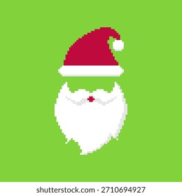 Pixel art Cabeza de Santa con sombrero rojo y barba blanca larga sobre fondo verde brillante Ilustración vectorial