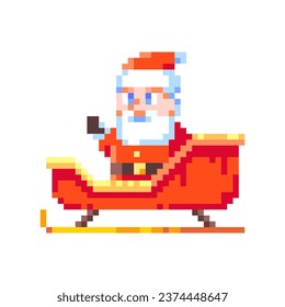 Pixel Art Santa on his Sleigh. Retro 8 bit Style Merry Christmas and Happy New Year Winter Holidays Illustration. Ideal for Sticker, Retro Decorative Element, Game Asset, Emoji, Patch.	