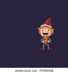 Pixel art Santa's helper, elf with gift