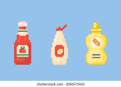 Pixel art sauces icon set. Vector Retro 8 bit Bottle of tomato ketchup, mayonnaise and mustard. Pixel fast food isolated sauce bottles. Pixel art vector icon for game, stickers, web design.