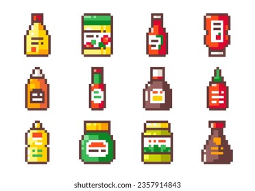 Salsas De Arte Pixel. Pegatinas de 8 bits de salsas de comida rápida pixeladas - Ketchup, Mostaza Mayo Japonesa, Salsa de soja, Sriracha, Difusión de levadura, Pesto, Mayonesa, Chili, Queso y Barbacoa.