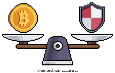 Escala de arte de píxeles con icono de bitcoin y vector de escudo para juego de 8 bits en fondo blanco
