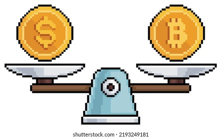 Pixel art scale with dollar and bitcoin, scale balance with money and cryptocurrency vector icon for 8bit game on white background