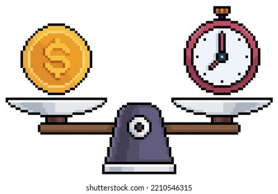 Pixel art scales with coin and clock, money and time comparison vector icon for 8bit game on white background