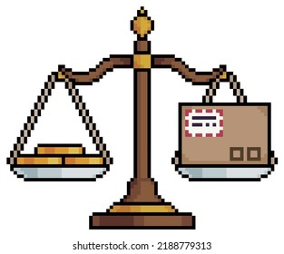 Pixel art scales with coins and package, parcel box vector icon for 8bit game on white background
