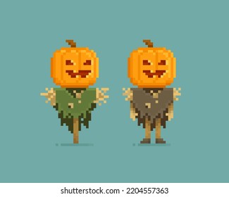 Pixel Art Scarecrow or Bogeyman with pumpkin head in 8-bit retro computer game style. Cute pixel characters for Happy Halloween design. Editable vector illustration