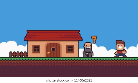 Pixel art scene with cheerful character, old man with golden question mark above his head, house, grass terrain and sky with clouds