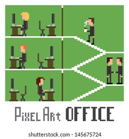 Pixel art scene demonstrating office life, vector illustration