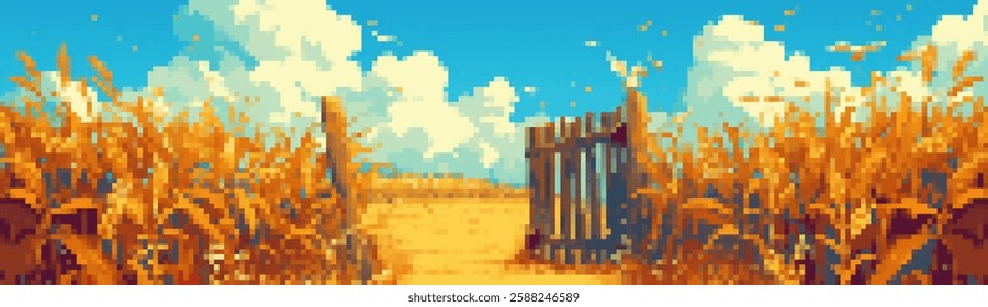 A pixel art scene depicting a golden field with tall grass and a wooden gate. The sky is bright blue with fluffy clouds, creating a serene and nostalgic atmosphere.