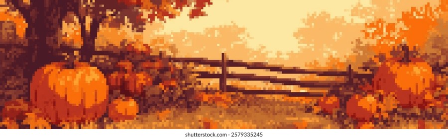 A pixel art scene depicting a serene autumn landscape with vibrant orange pumpkins, a wooden fence, and trees with colorful foliage. The warm tones create a cozy fall atmosphere.