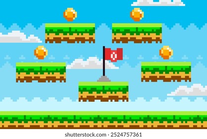 Escena de arte de píxeles con plataformas flotantes, una bandera roja en la plataforma central y monedas de oro dispersas. Video Ideal para juegos, diseño de arcade, temas retro, desarrollo de juegos y arte digital. Colorido