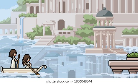 pixel art scene flooded ancient city
