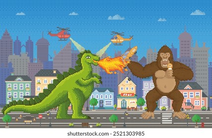 Uma cena de arte em pixels de um dinossauro verde cuspindo fogo em um gorila gigante. Ambos os personagens estão em uma cidade colorida com prédios e helicópteros em cima. Ideal para jogos retrô, paisagens urbanas