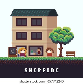 Pixel art scene with happy girl coming out from boutique with shopping bags