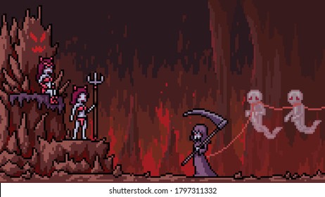 pixel art scene hell demon reaper