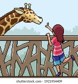 pixel art scene kid play with giraffe