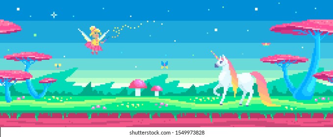 Pixel art scene with a magical unicorn and fairy. Horizontal tile seamless background. Cute vector illustration.