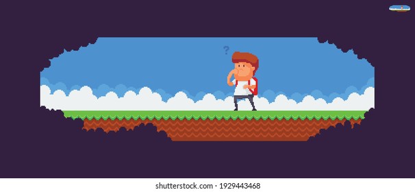 Pixel art scene with male character with backpack looking confused, grass and soil, clouds and sky and silhouettes of trees and bushes at the front