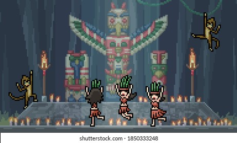 pixel art scene native totem dance