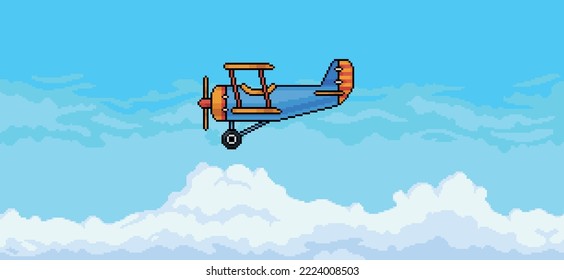 Pixel art scene of plane flying in blue sky with clouds background vector for 8 bit game