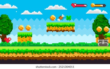 A pixel art scene of a platform game with floating platforms, coins, hearts, trees, and various obstacles against a blue sky with clouds. Ideal for video games, retro styling, pixel art, game design
