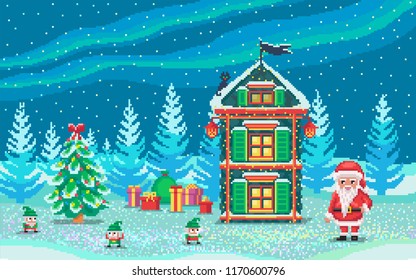 Pixel art scene with santa claus and gnomes who ready gifts. Cute christmas illustration.