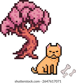 Uma cena de arte em pixels mostra um cachorro bonito com orelhas salientes e um rabo abanando ao lado de uma árvore folhosa. Cores simples e estilo achatado criam uma vibração nostálgica e encantadora.
