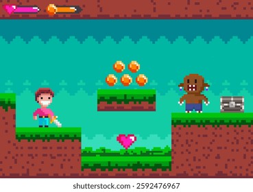 A pixel art scene shows a hero facing a monster. There are collectible coins, a heart at the center, and a treasure chest. Ideal for retro gaming, fantasy themes, pixel art lovers, game UI design